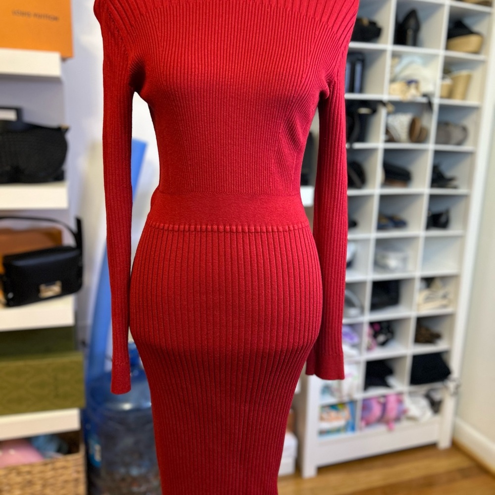 Calvin Klein Red Ribbed Long Sleeve Midi Dress